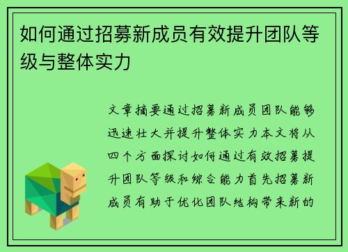 如何通过招募新成员有效提升团队等级与整体实力